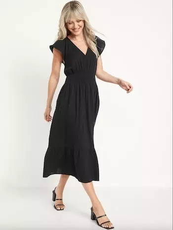Waist-Defined Flutter-Sleeve Smocked Midi Dress for Women - Best place to buy work clothes on a budget