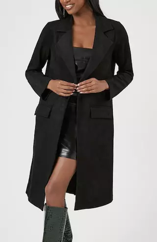 Faux Suede Longline Trench Coat