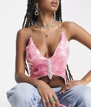 Daisy Street Y2K strappy butterfly crop top in sequins - Y2K Clothing Stores