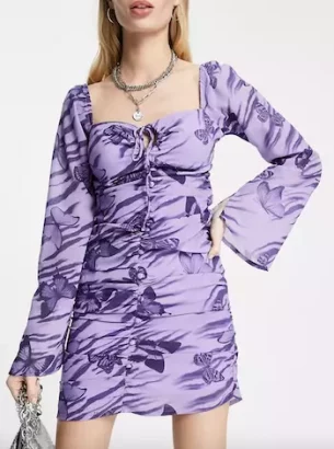 ASOS DESIGN keyhole mini dress with buttons in purple butterfly print