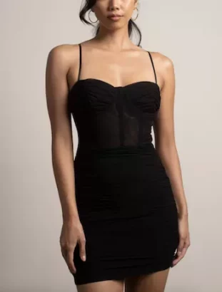 SHOWSTOPPER BLACK BUSTIER CORSET RUCHED MESH BODYCON DRESS