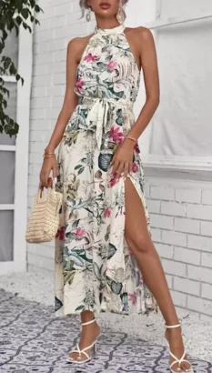 SHEIN VCAY Botanical Print High Split Hem Self Belted Halter Dress - Best Resort Wear
