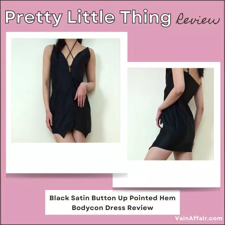 Black Satin Button Up Pointed Hem Bodycon Dress Review - is pretty little thing good quality