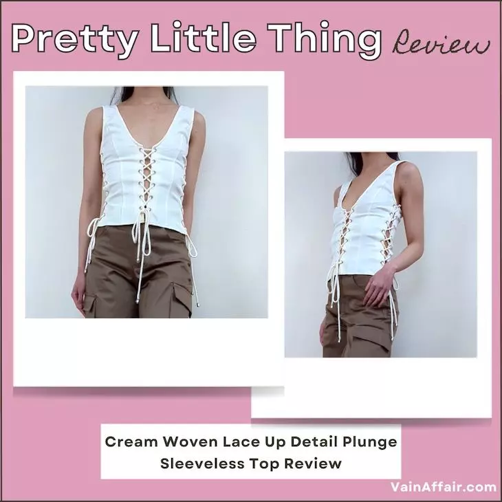 Cream Woven Lace Up Detail Plunge Sleeveless Top Review