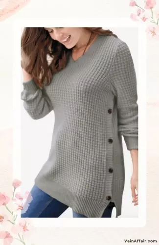 Side Button V-Neck Waffle Knit Sweater
